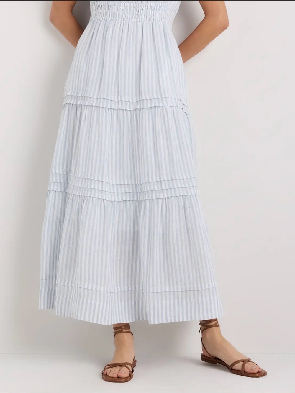 QUINCE 100% EUROPEAN LINEN TIERED MAXI DRESS XL LIGHT BLUE STRIP MSRP $84 NWT - Picture 3 of 14